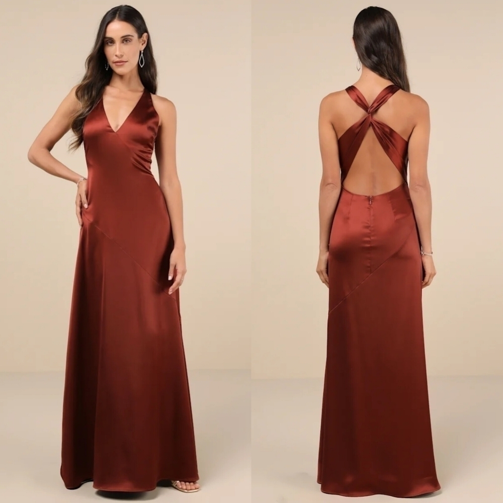 Lulus Purely Elegant Rust Brown Satin Twist-Back Maxi Dress Wedding Party Prom
